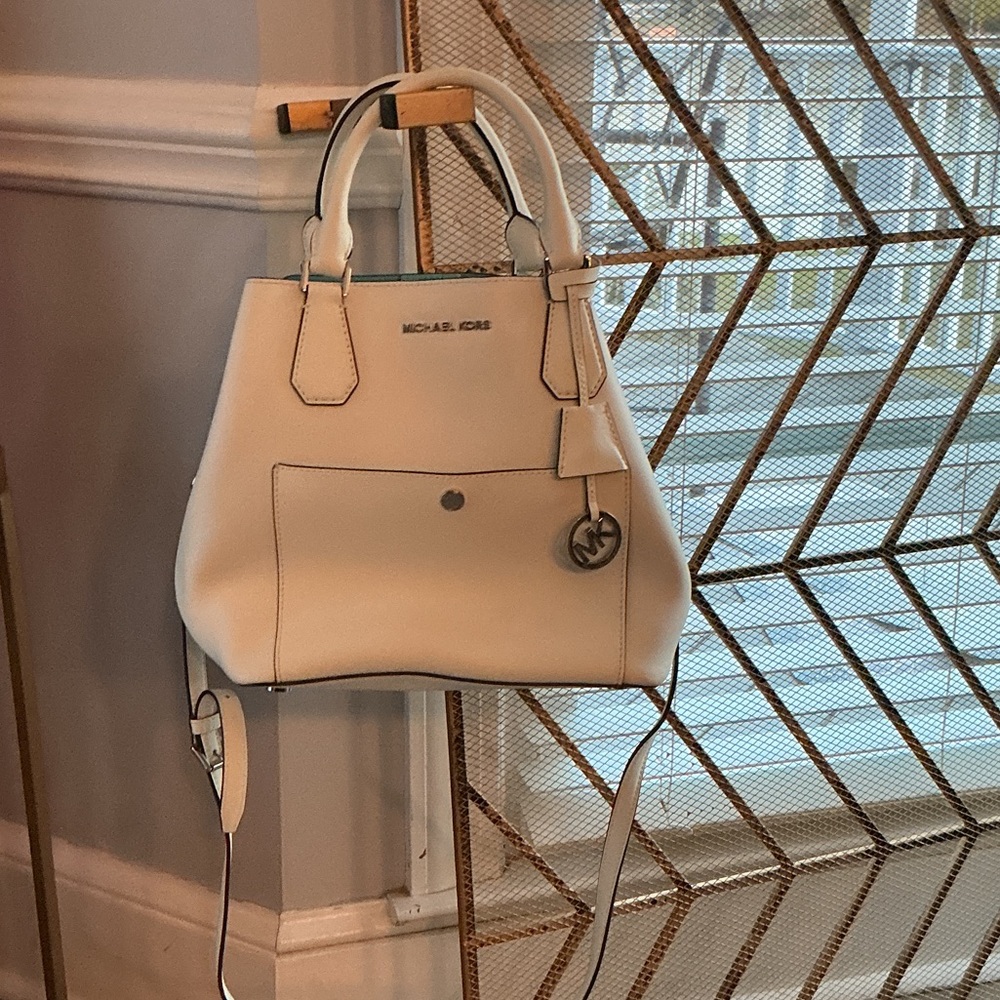 Michael Kors Cream Leather Satchel with Gold Charm